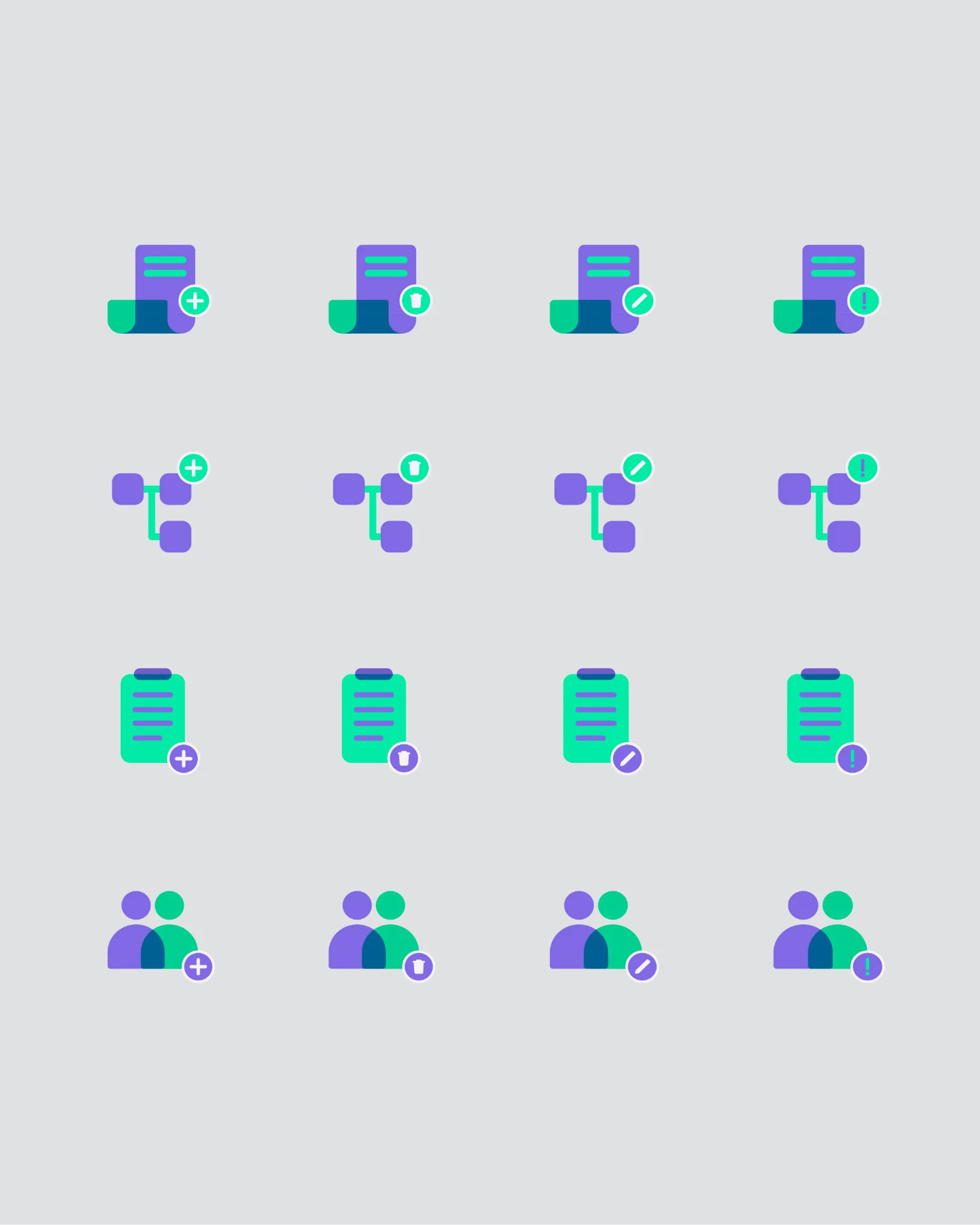 Praloop icon set — document, node, clipboard and people icons each carrying an add, delete, edit or alert badge