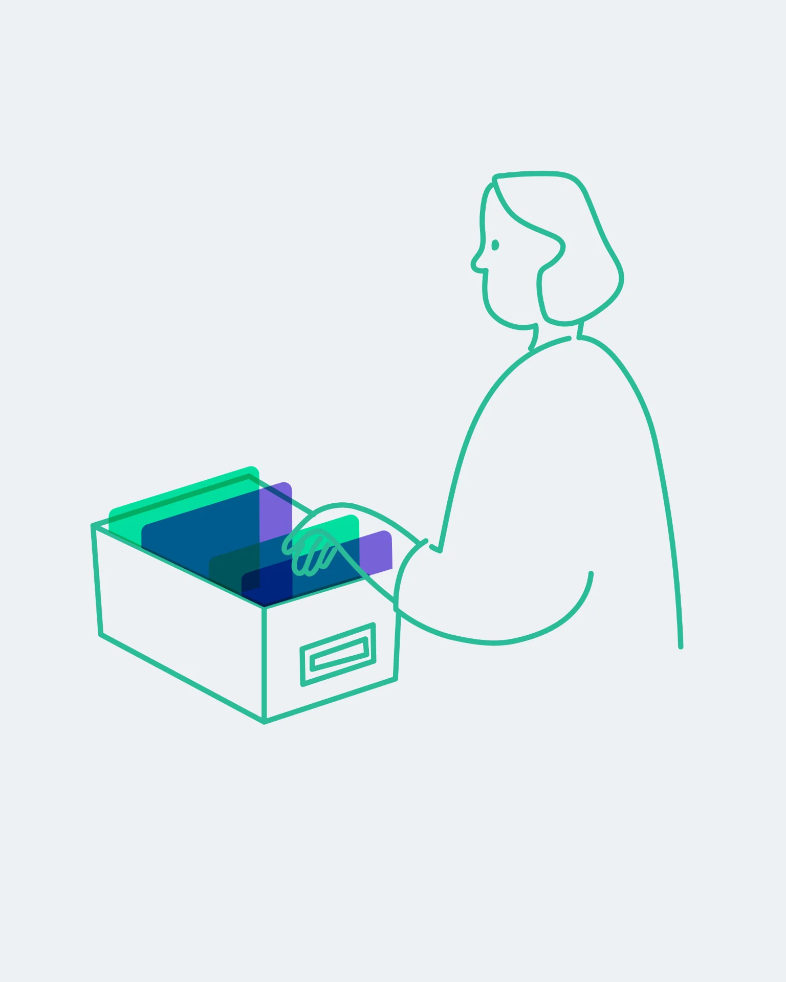 Praloop illustration — a line-drawn figure reaching into an open archive box of translucent green, navy and violet file dividers