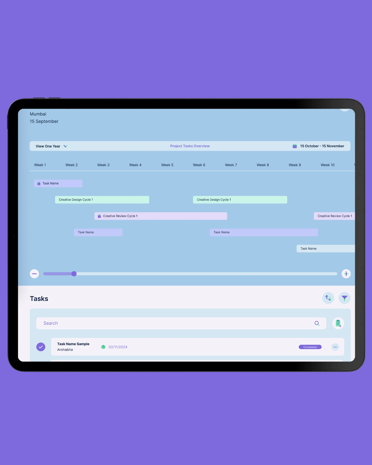 Praloop tablet — a project tasks overview with a timeline chart above a task list, in pastel blue, lilac and mint