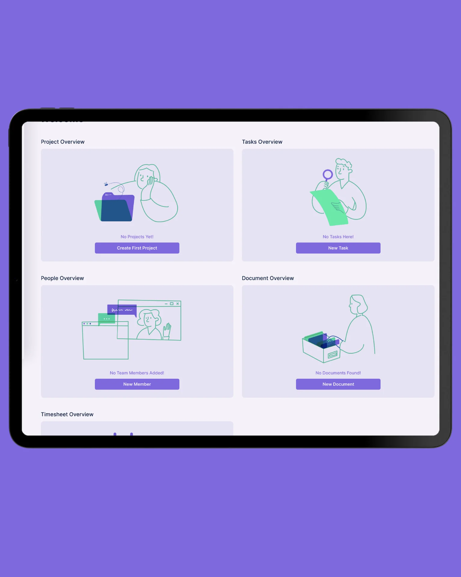 Praloop tablet dashboard — pale lavender cards for project, tasks, people and document overviews with empty-state illustrations and violet call-to-action buttons