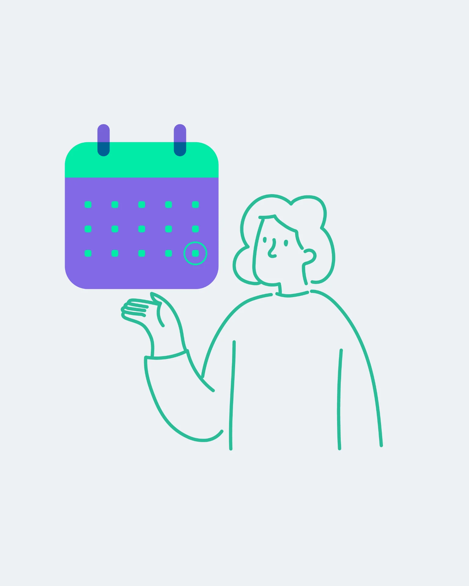 Praloop illustration — a line-drawn figure gesturing toward a floating violet and mint calendar patterned with grid dots