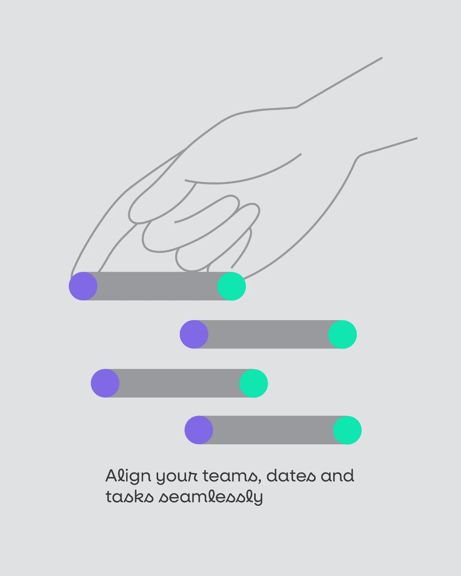 Praloop poster — a line-drawn hand reaching toward staggered timeline bars tipped with violet and mint dots, above the line “Align your teams, dates and tasks seamlessly”