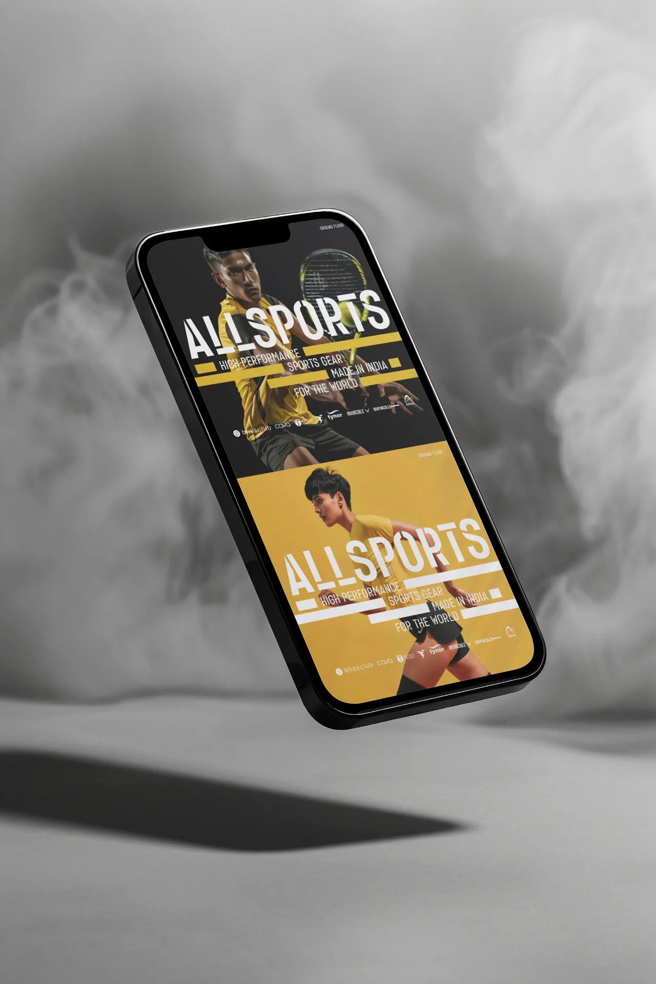 ALL SPORTS - Mobile app mockup showing sports gear and branding on smartphone