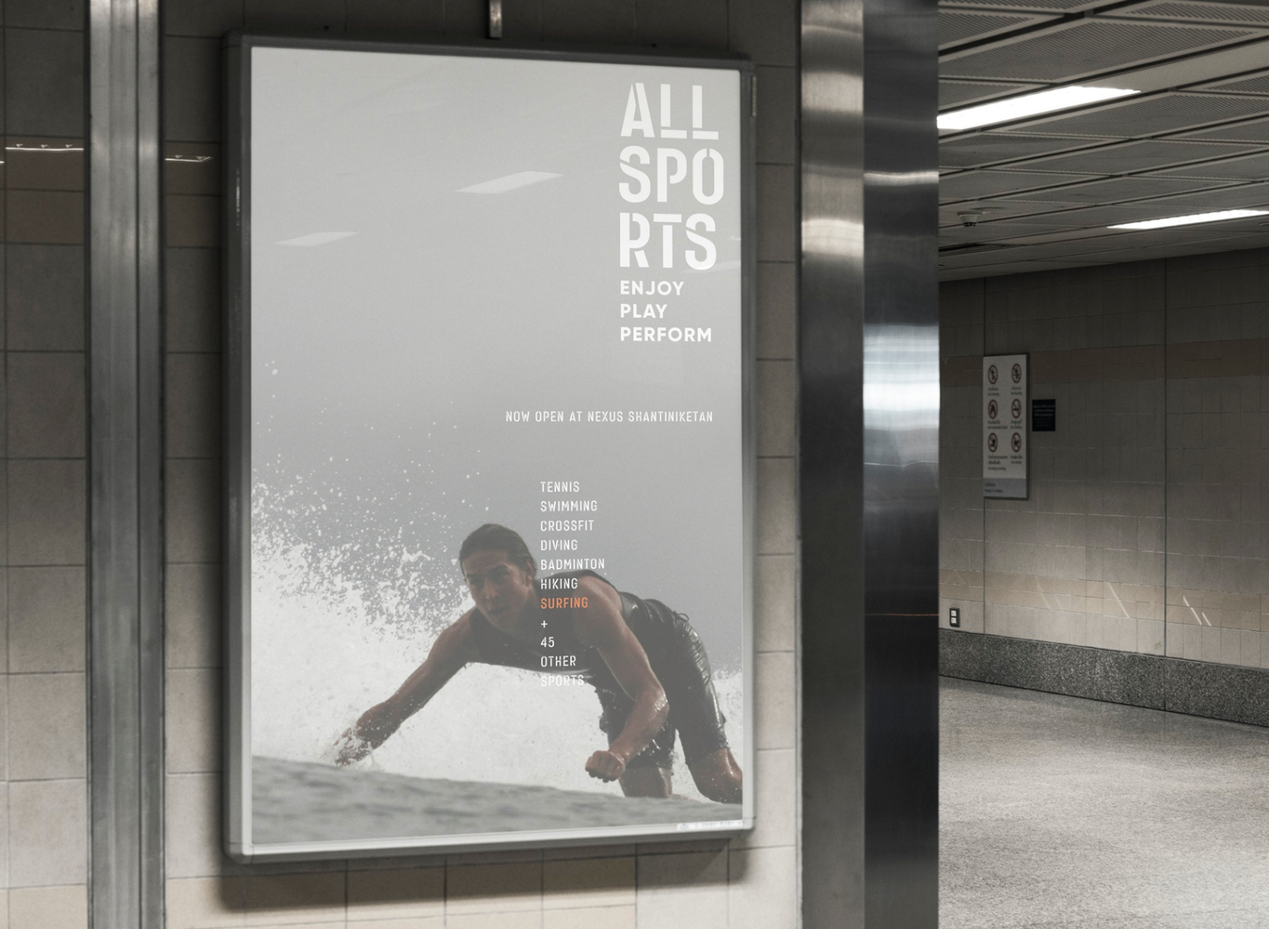 ALL SPORTS - Subway poster featuring water sports athlete with white text on dark background