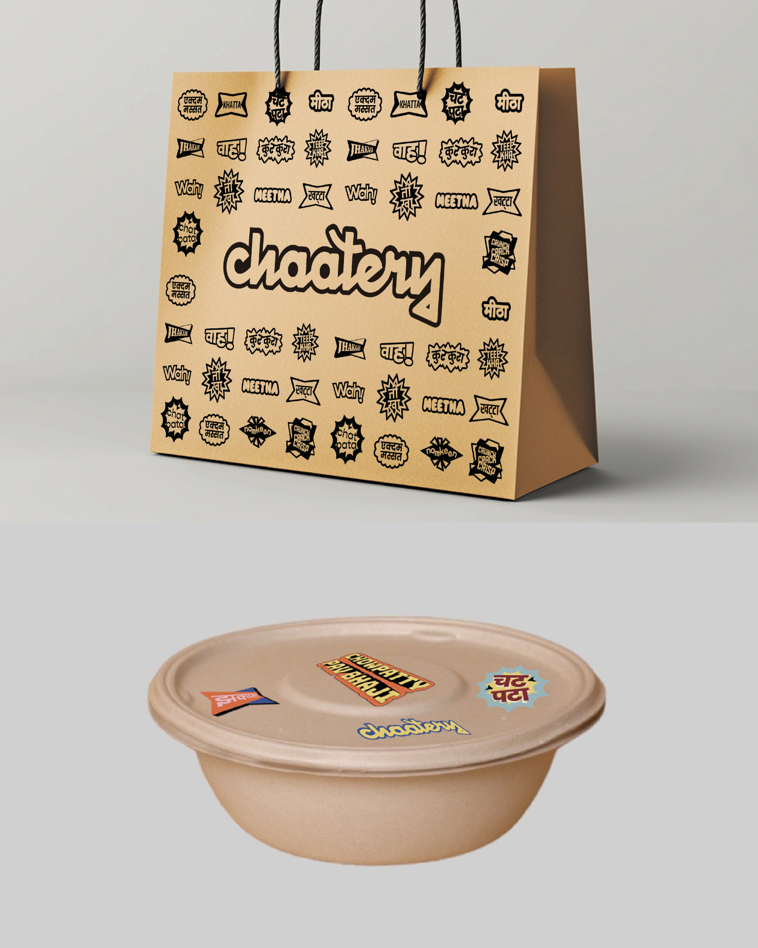 CHAATERY - Branded kraft paper takeaway bag and bowl with playful sticker pattern