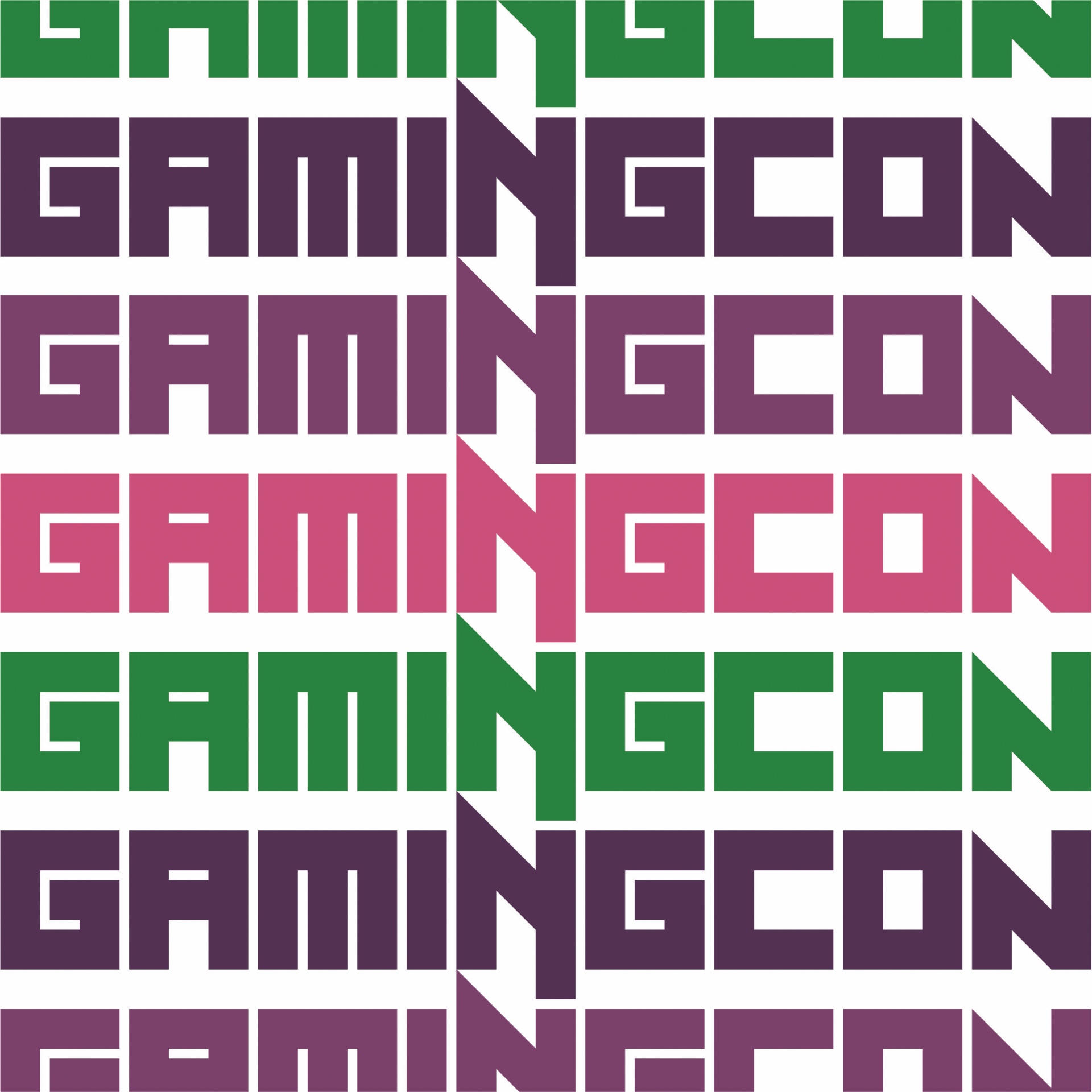 GamingCon brand pattern featuring repeated logo in green, purple, and pink color variations