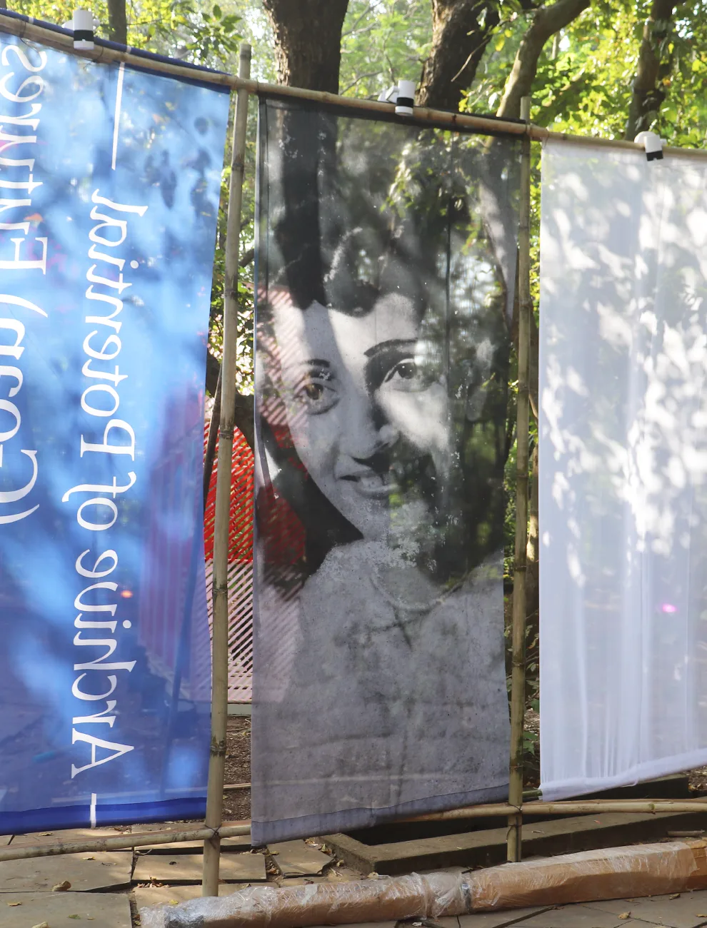 GOA FAMILIA - Outdoor banner displaying vintage portrait at Archive of Potential Goan Futures exhibition