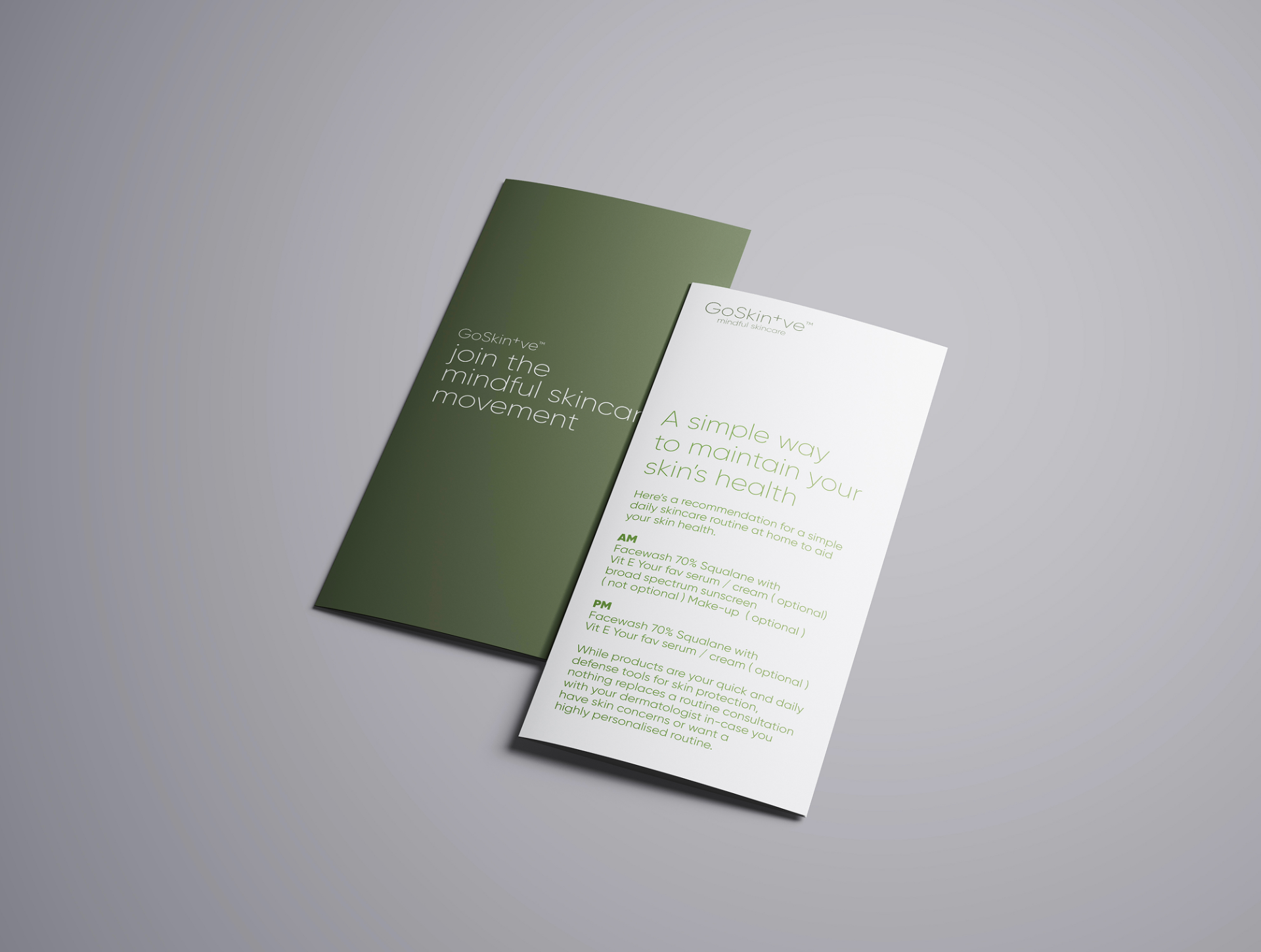 GoSkin+ve branded leaflets featuring mindful skincare movement messaging and daily skincare routine guidance