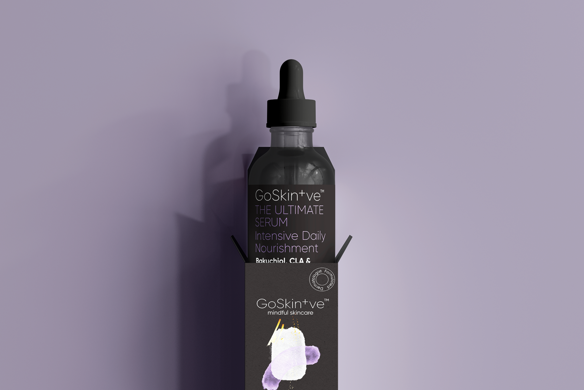 GoSkin+ve Ultimate Serum bottle against purple background featuring intensive daily nourishment with Bakuchiol and CLA