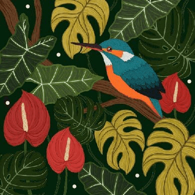 HOSA GOA - Kingfisher bird with tropical flora and anthurium flowers illustration