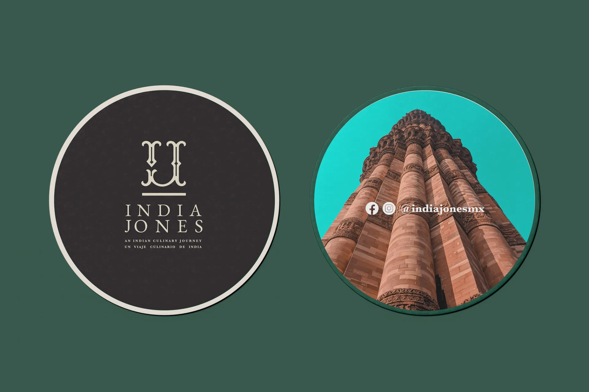 India Jones - Circular branding materials with logo and Indian architectural photography