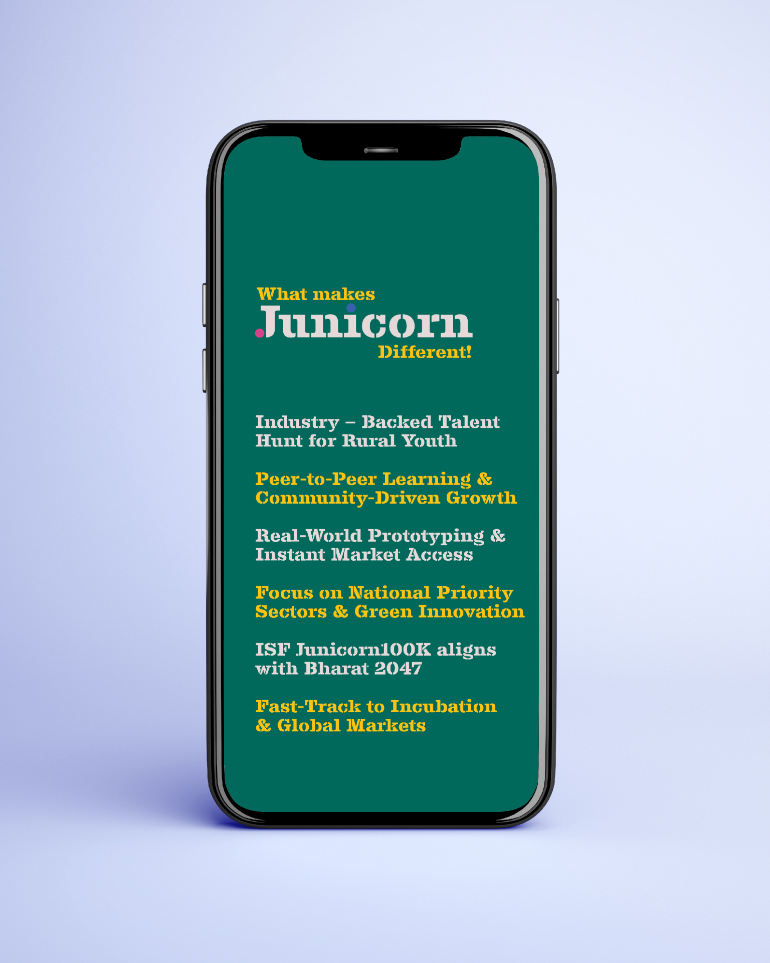 JUNICORN - Mobile screen showing What makes Junicorn Different program details