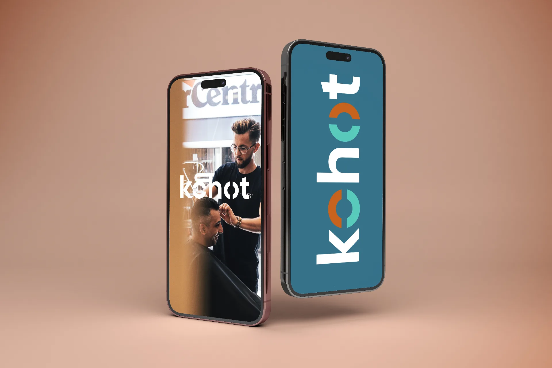 KOHOT - Mobile app interface mockup showing vertical logo and salon professional using platform