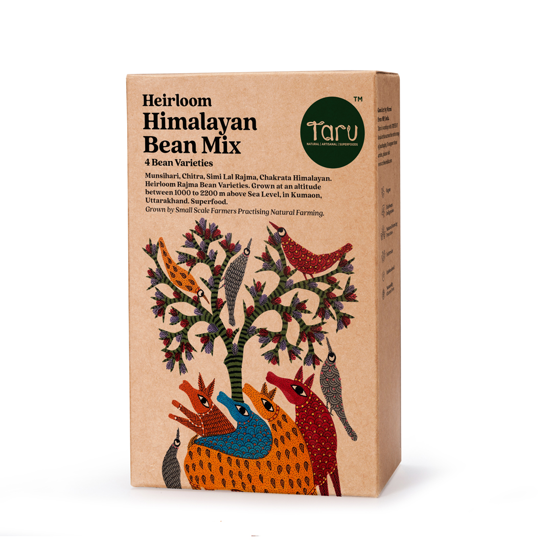 Taru Naturals - Heirloom Himalayan Bean Mix with tribal art of colorful birds and bean plants from Uttarakhand