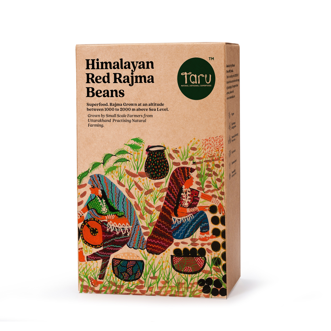 Taru Naturals - Himalayan Red Rajma Beans packaging featuring Gond art of women farmers working in bean fields